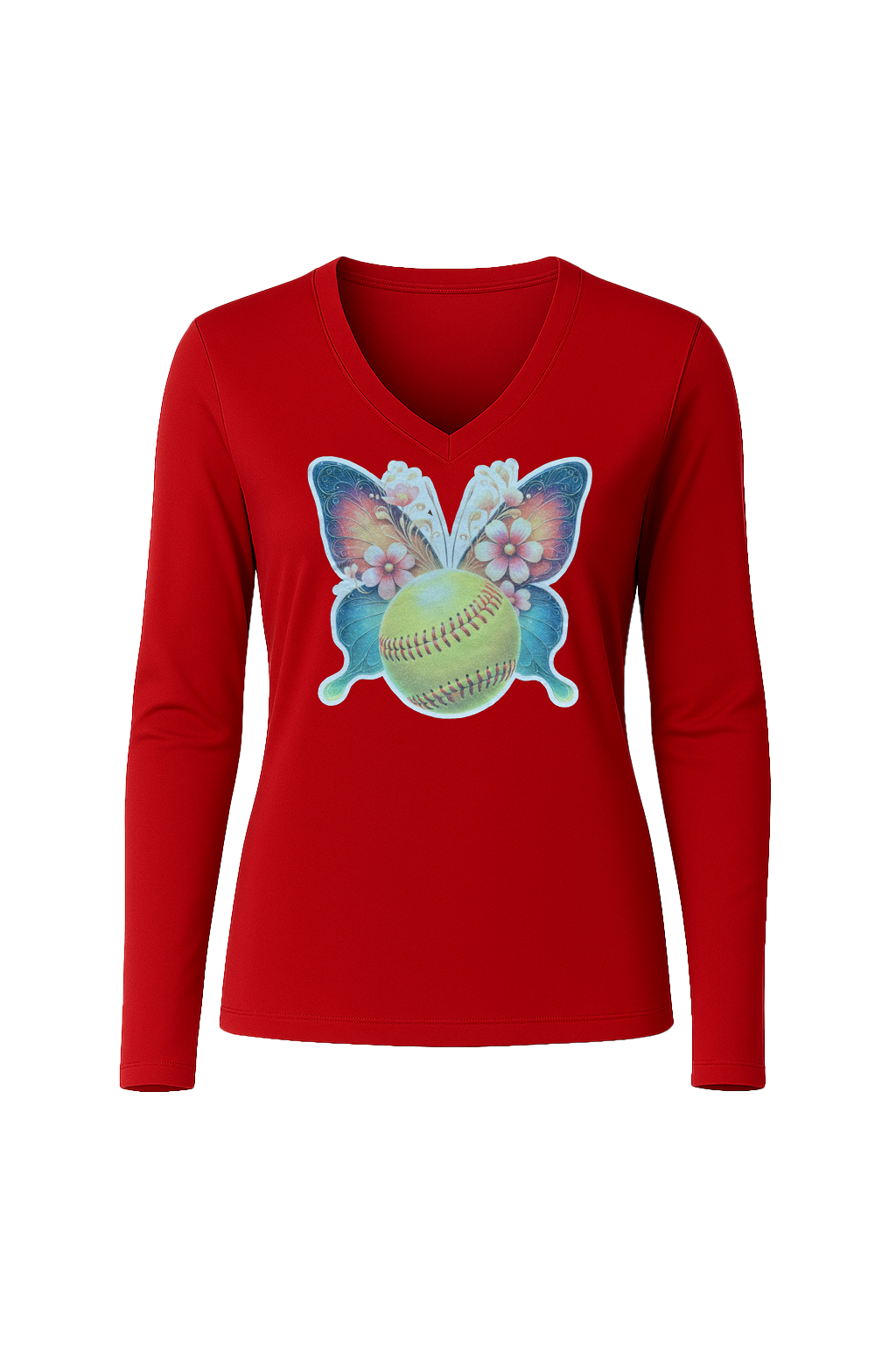 Glitter Softball Butterfly Long Sleeve V-Neck Tee