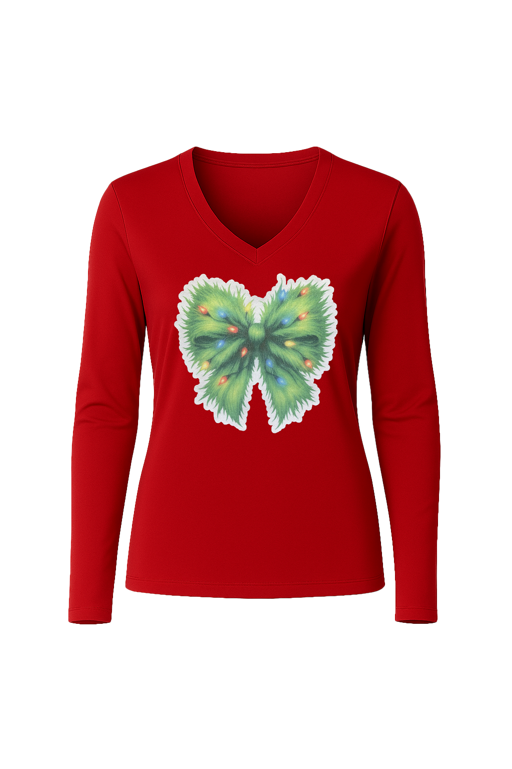 Glitter Evergreen Bow Long Sleeve V-Neck Tee
