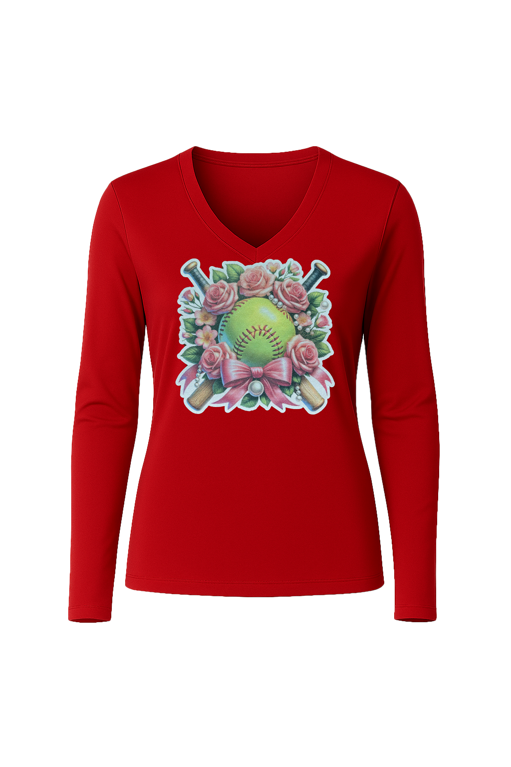 Glitter Softball Bouquet Long Sleeve V-Neck Tee