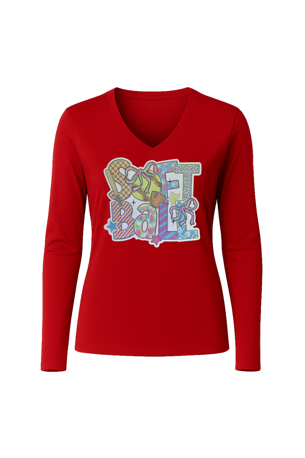 Glitter Softball Collage Long Sleeve V-Neck Tee