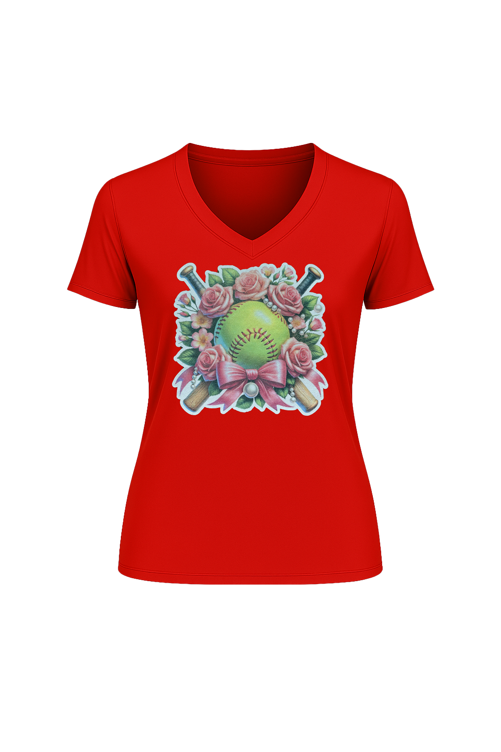 Glitter Softball Bouquet Short Sleeve V-Neck Tee