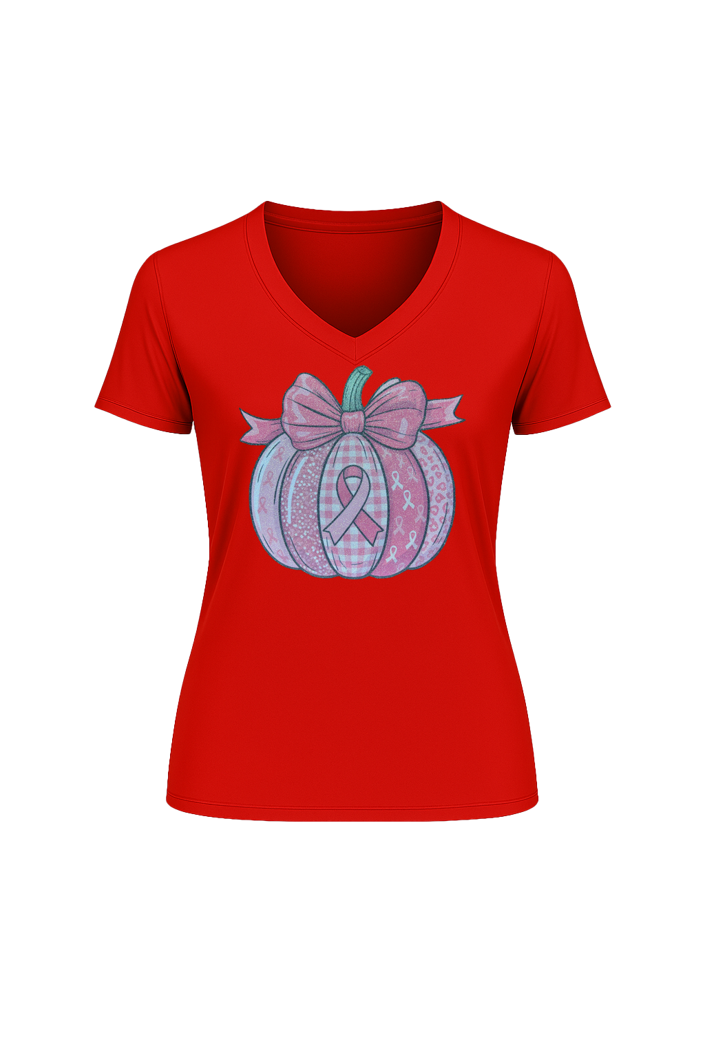 Glitter Breast Cancer Pumpkin Short Sleeve V-Neck Tee