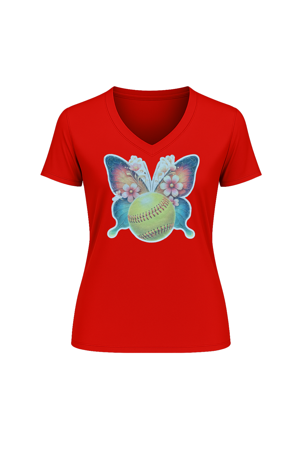 Glitter Softball Butterfly Short Sleeve V-Neck Tee