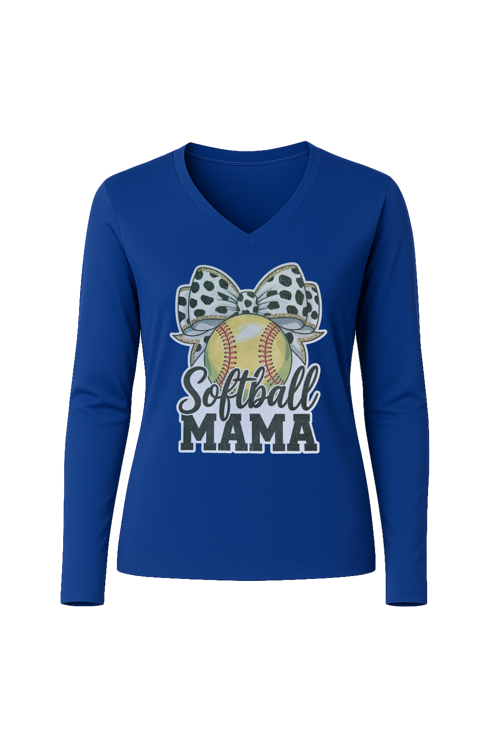Glitter Softball Mama Bow Long Sleeve V-Neck Tee
