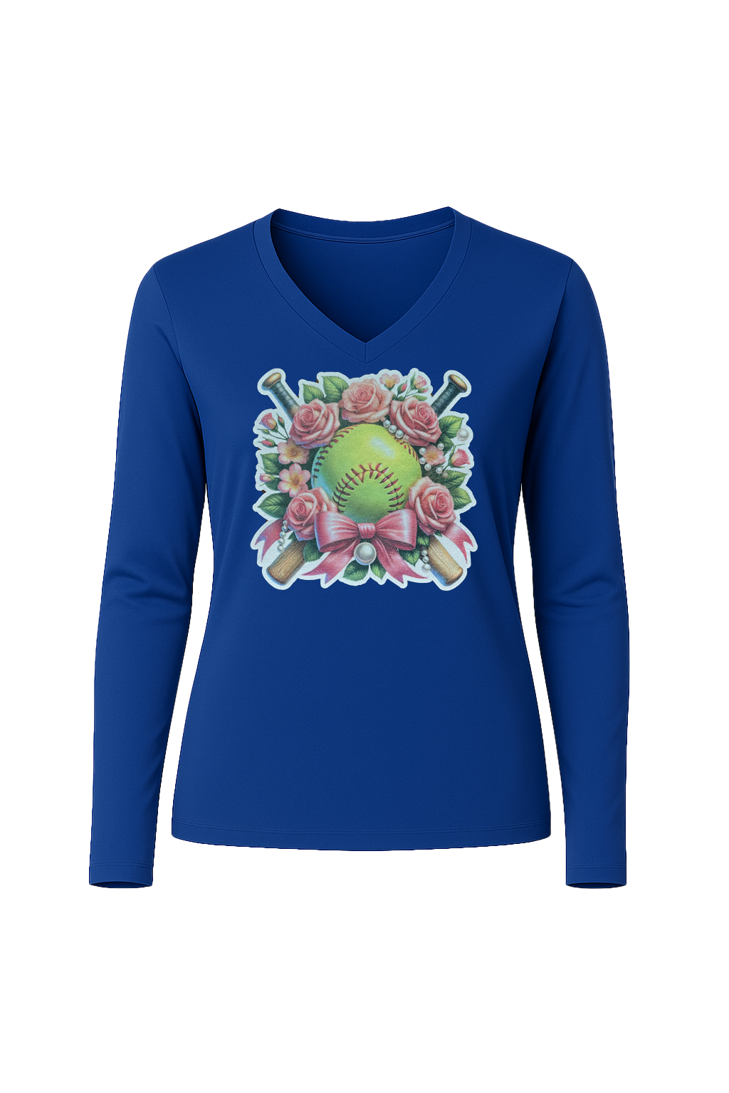Glitter Softball Bouquet Long Sleeve V-Neck Tee