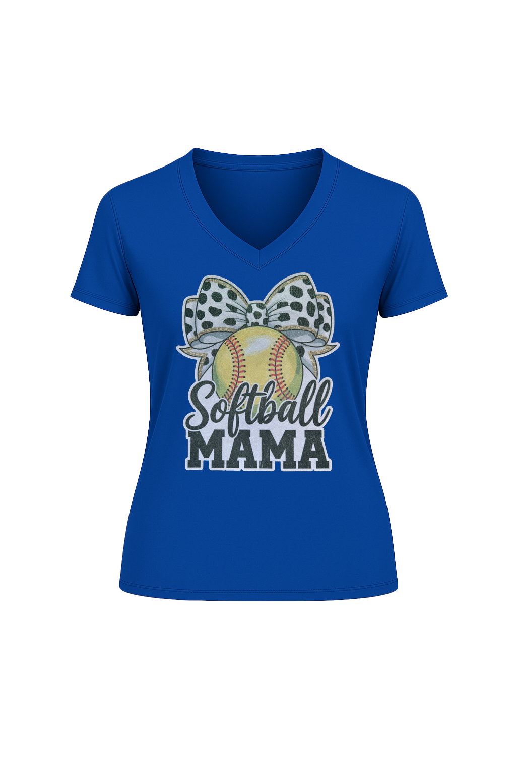 Glitter Softball Mama Bow Short Sleeve V-Neck Tee