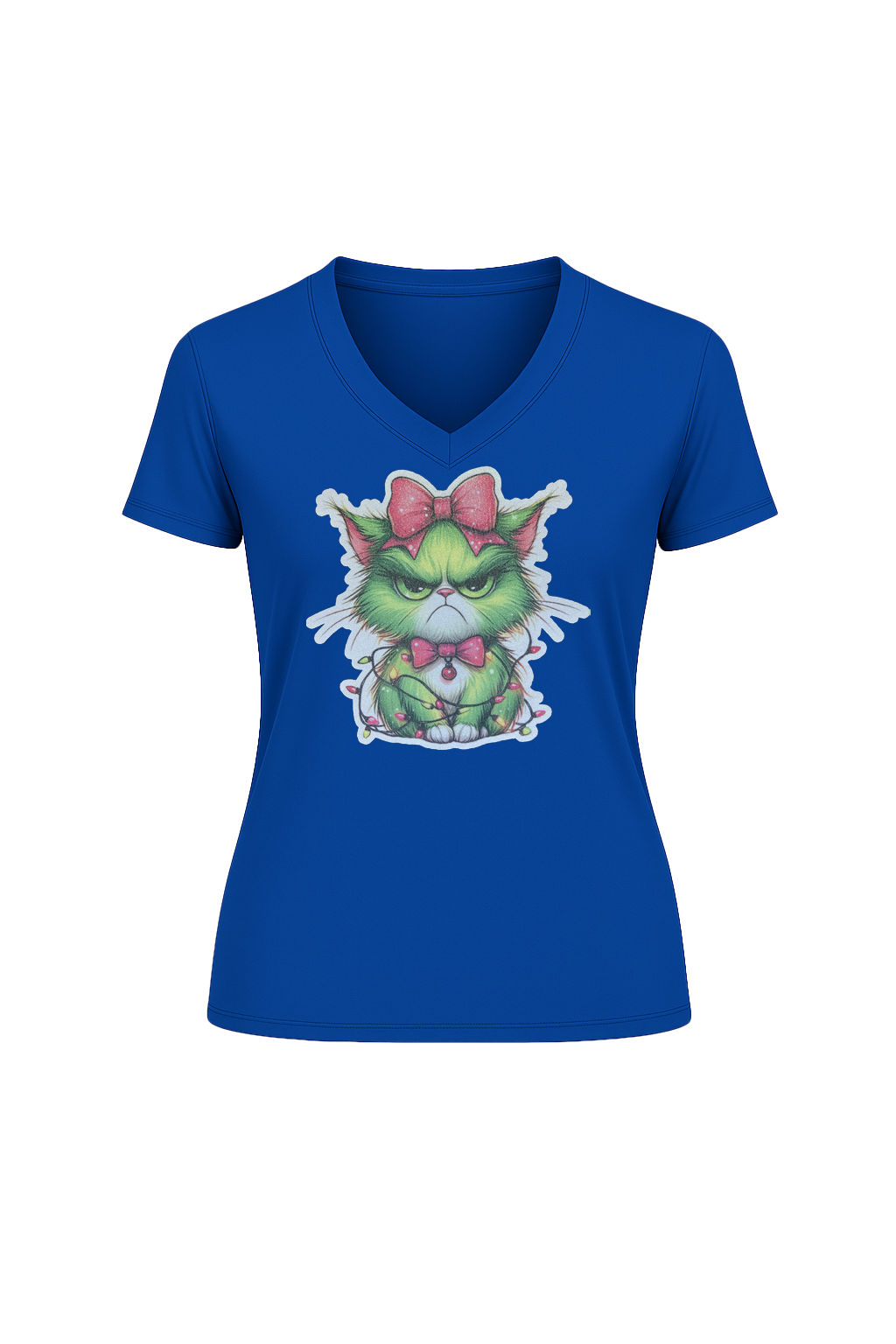 Glitter Grumpy Green Cat Short Sleeve V-Neck Tee