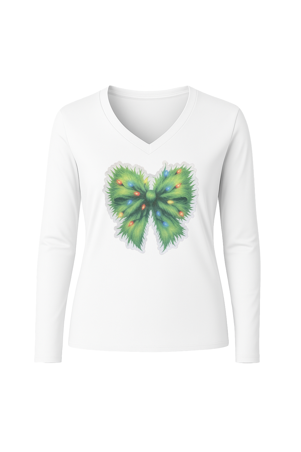 Glitter Evergreen Bow Long Sleeve V-Neck Tee
