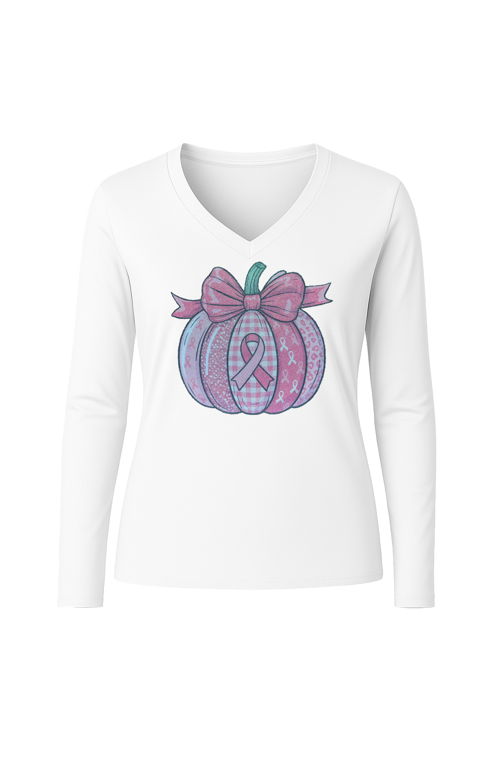 Glitter Breast Cancer Pumpkin Long Sleeve V-Neck Tee