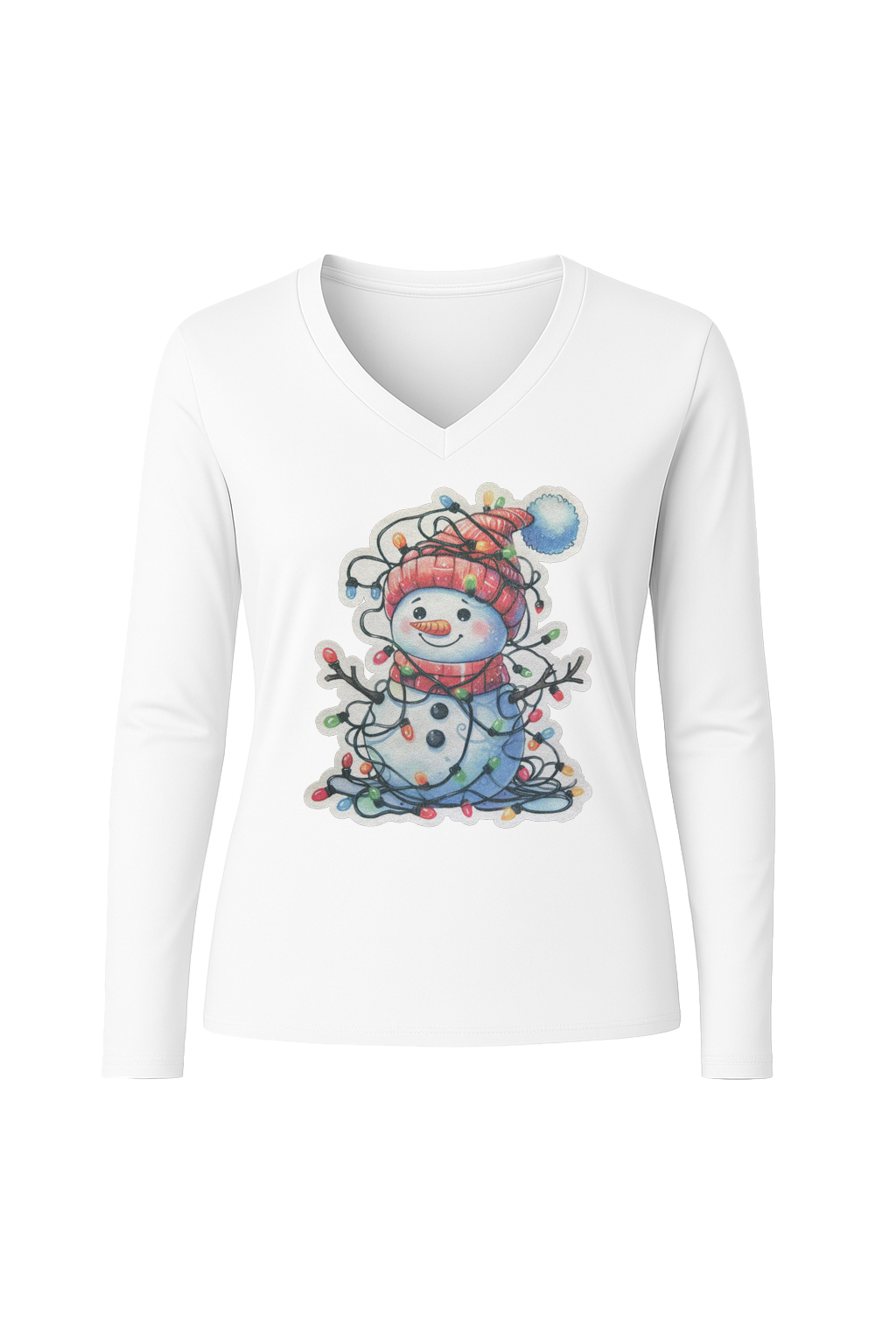 Glitter Tangled Snowman Long Sleeve V-Neck Tee