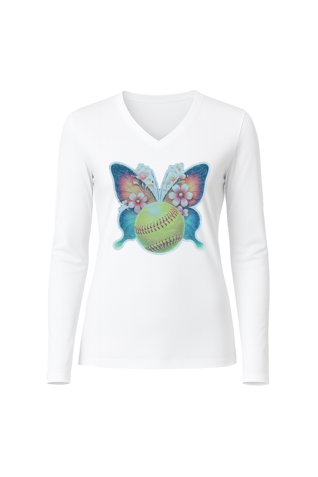 Glitter Softball Butterfly Long Sleeve V-Neck Tee