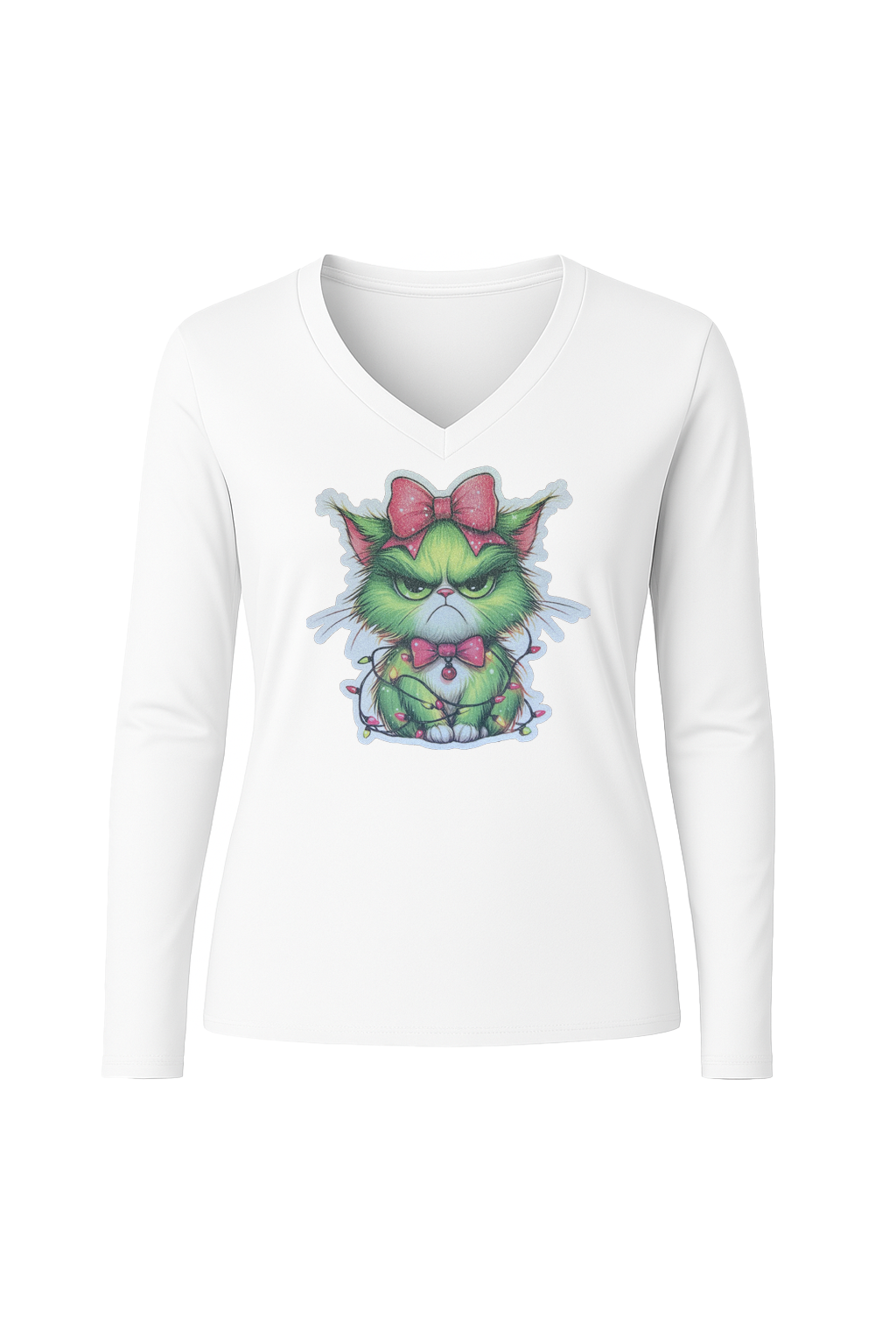 Glitter Grumpy Green Cat Long Sleeve V-Neck Tee