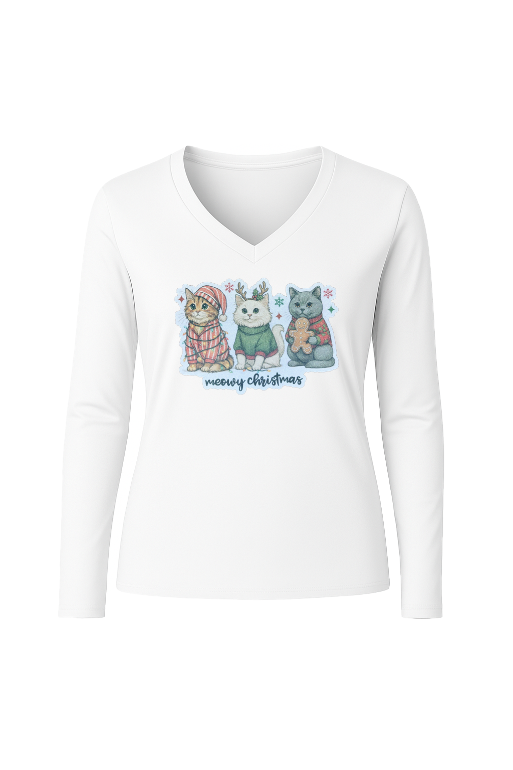 Glitter Christmas Cats Long Sleeve V-Neck Tee