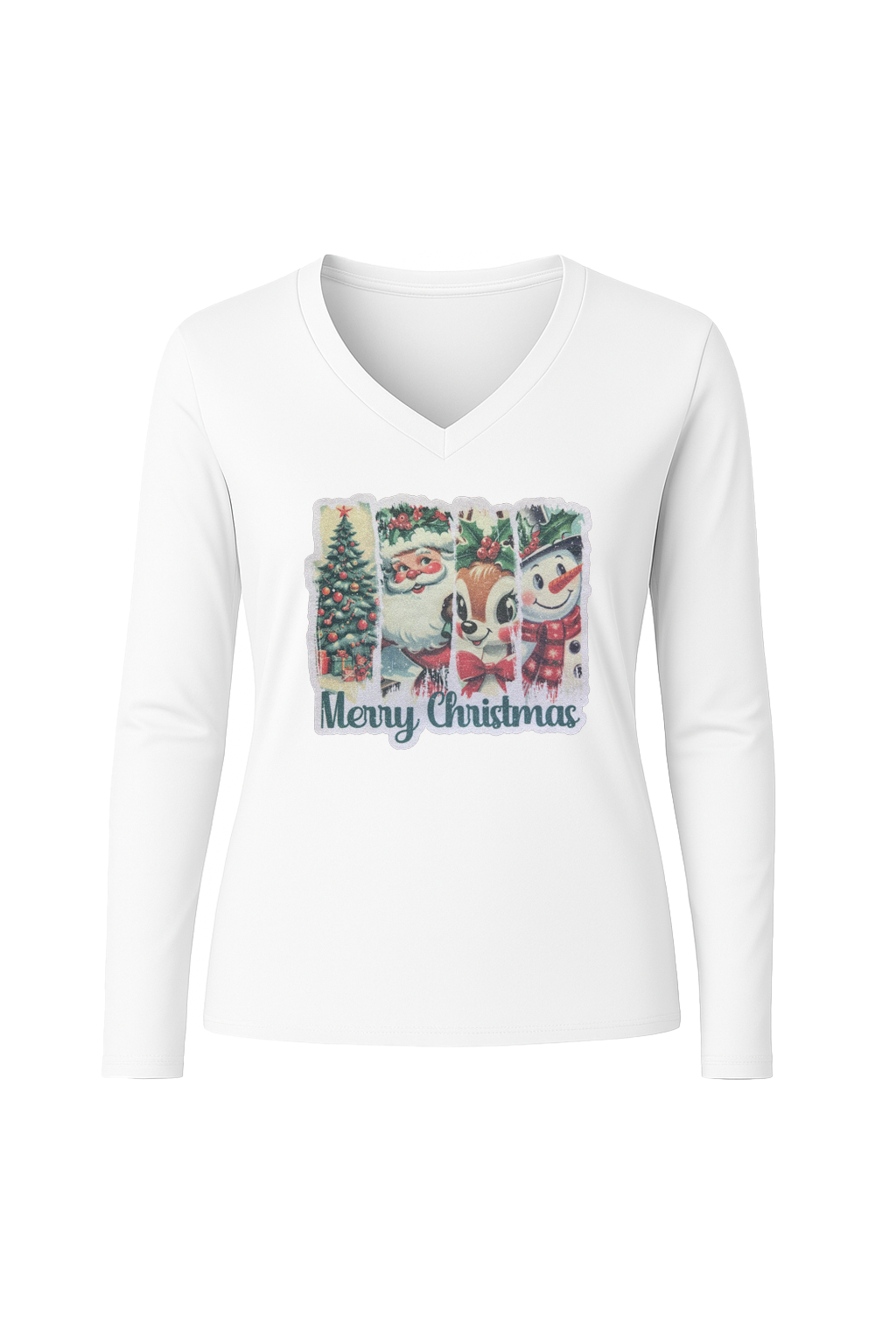 Glitter Christmas Collage Long Sleeve V-Neck Tee