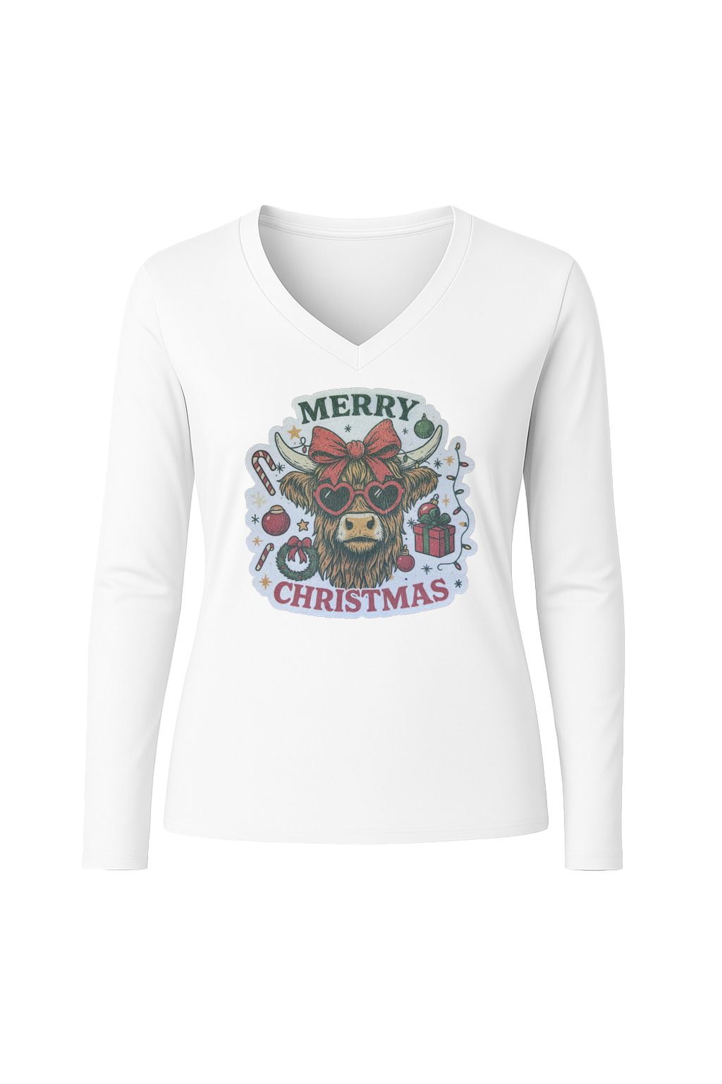 Glitter Christmas Cow Long Sleeve V-Neck Tee