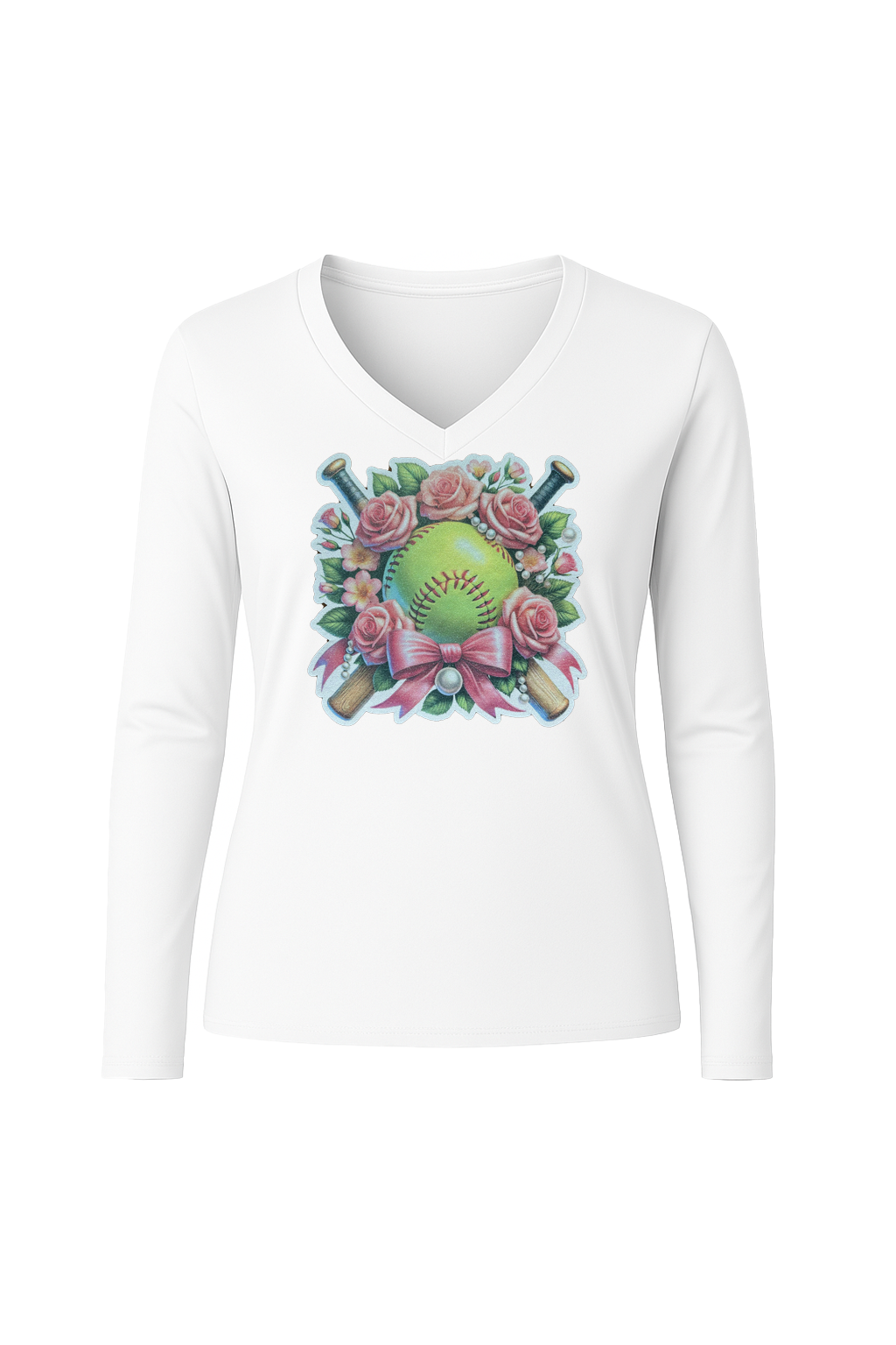 Glitter Softball Bouquet Long Sleeve V-Neck Tee