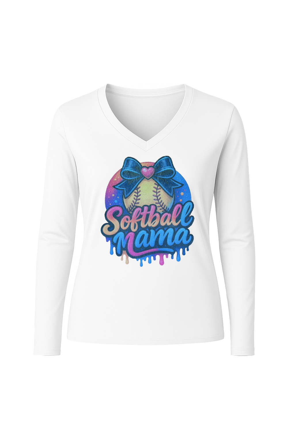 Glitter Softball Mama Drip Long Sleeve V-Neck Tee