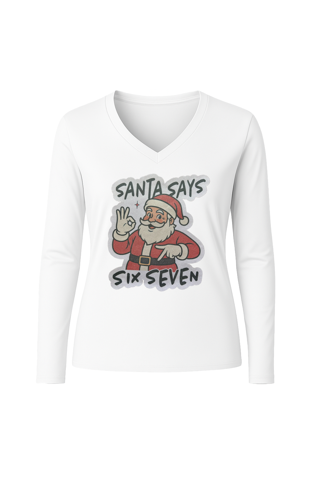Glitter Santa Says Six Seven Long Sleeve V-Neck Tee