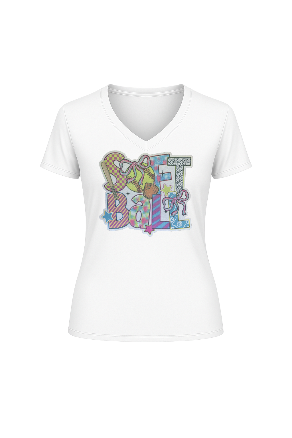 Glitter Softball Collage Short Sleeve V-Neck Tee