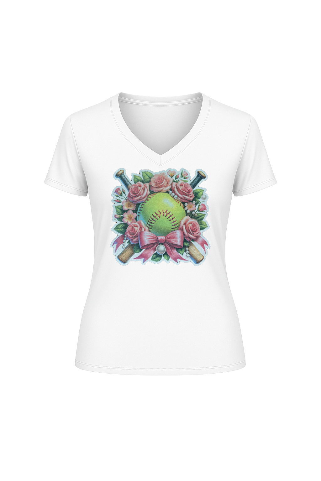 Glitter Softball Bouquet Short Sleeve V-Neck Tee