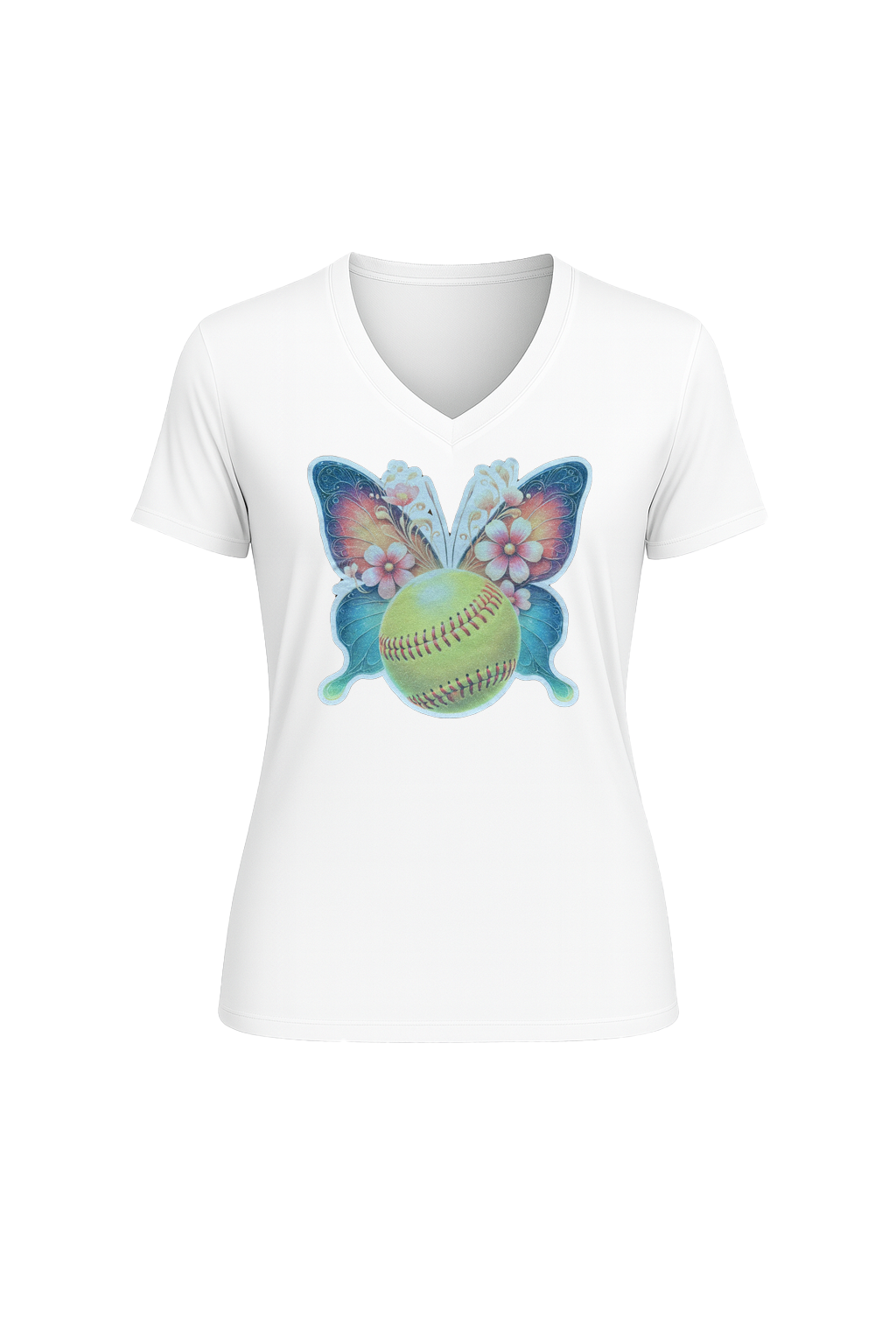 Glitter Softball Butterfly Short Sleeve V-Neck Tee