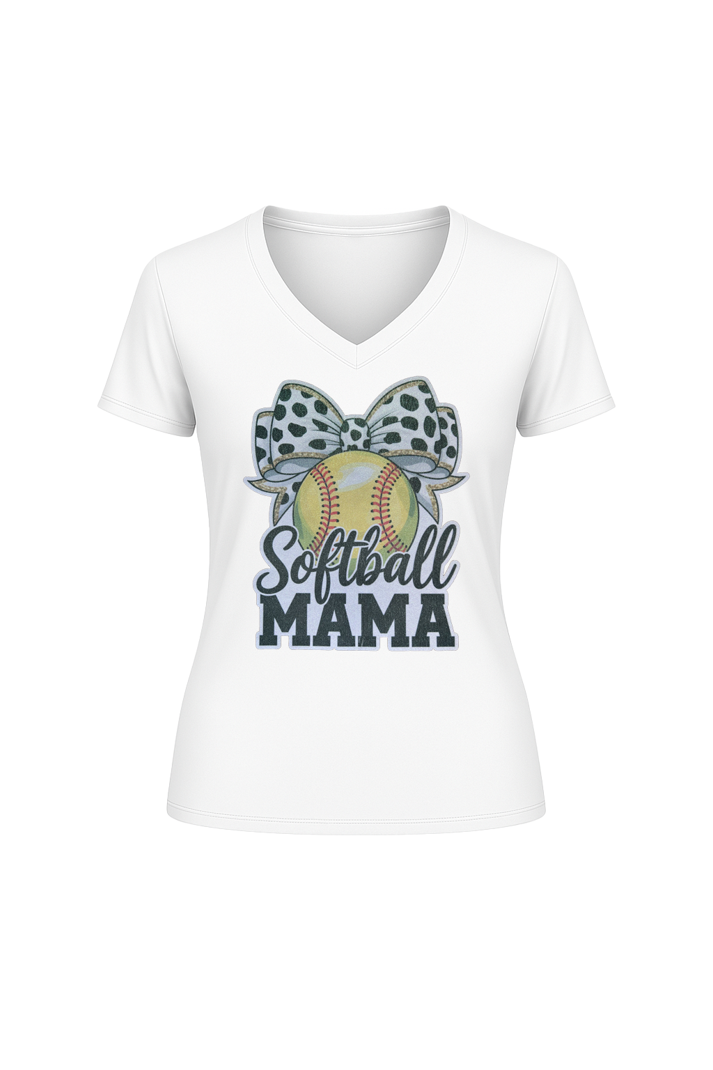 Glitter Softball Mama Bow Short Sleeve V-Neck Tee