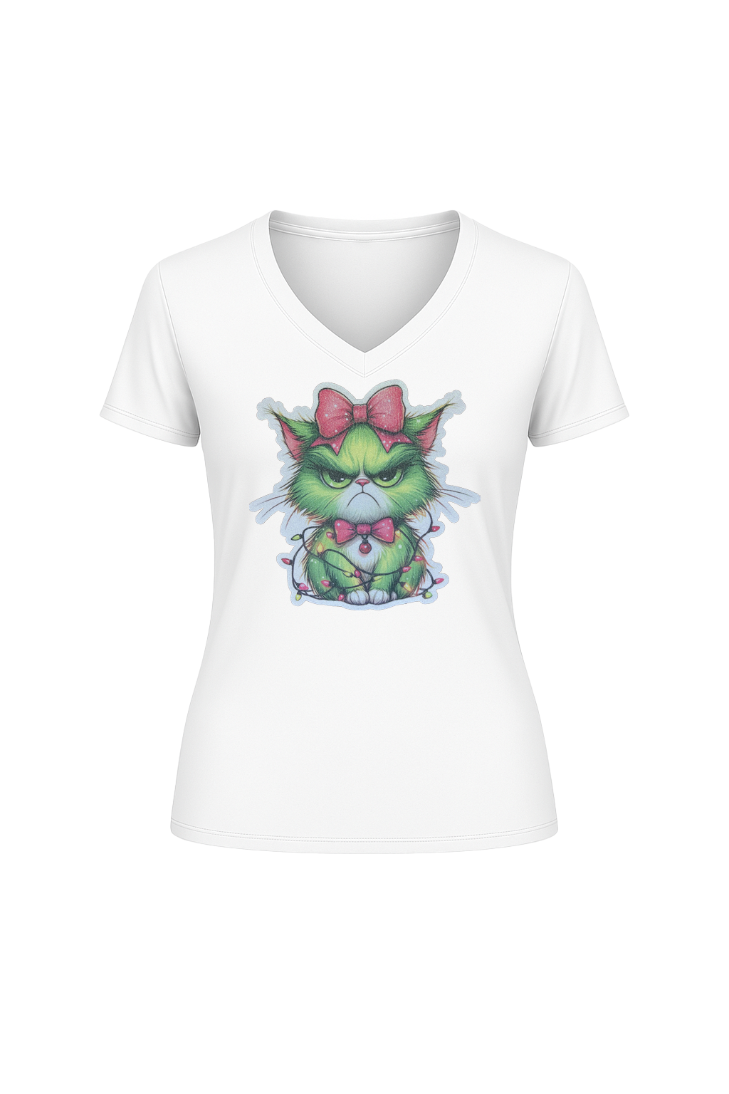 Glitter Grumpy Green Cat Short Sleeve V-Neck Tee